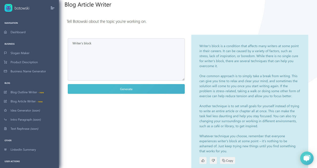 Article generator interface